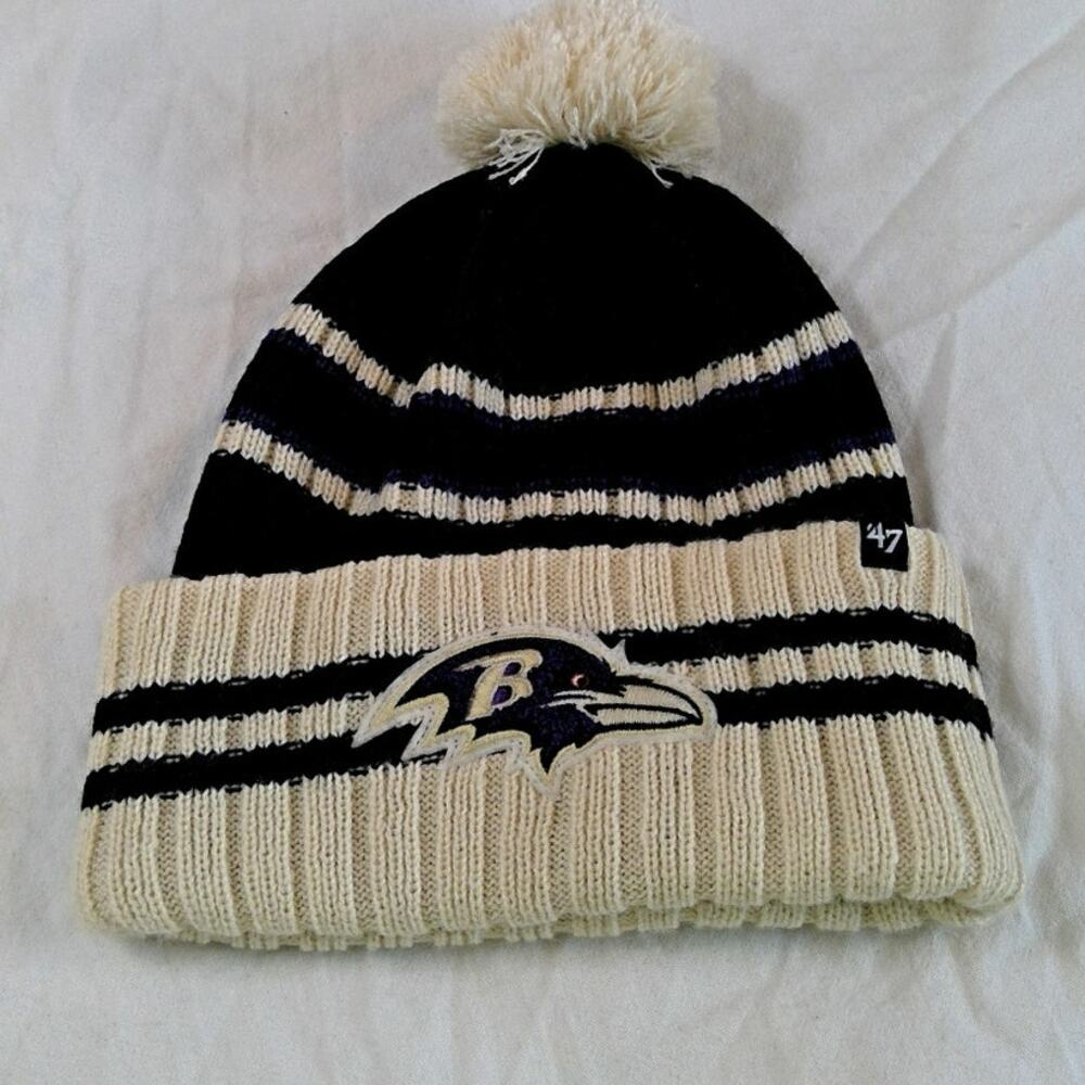 Baltimore Ravens '47 Black/Cream Cuffed Beanie/Winter Hat Pom Stripes Logo NFL